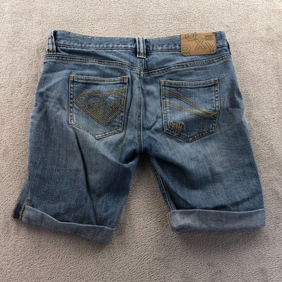 Roxy Womens Jean Shorts Size 3 Embroidered Blue Denim Cuffed Casual Stretch Y2K - Picture 13 of 14